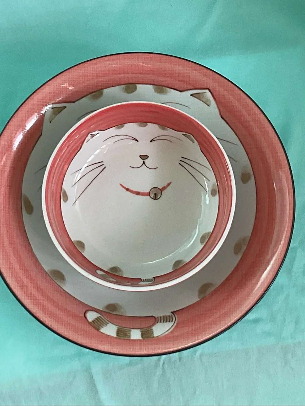 Japanese Smiling Cat Lucky Plate and Bowl Set